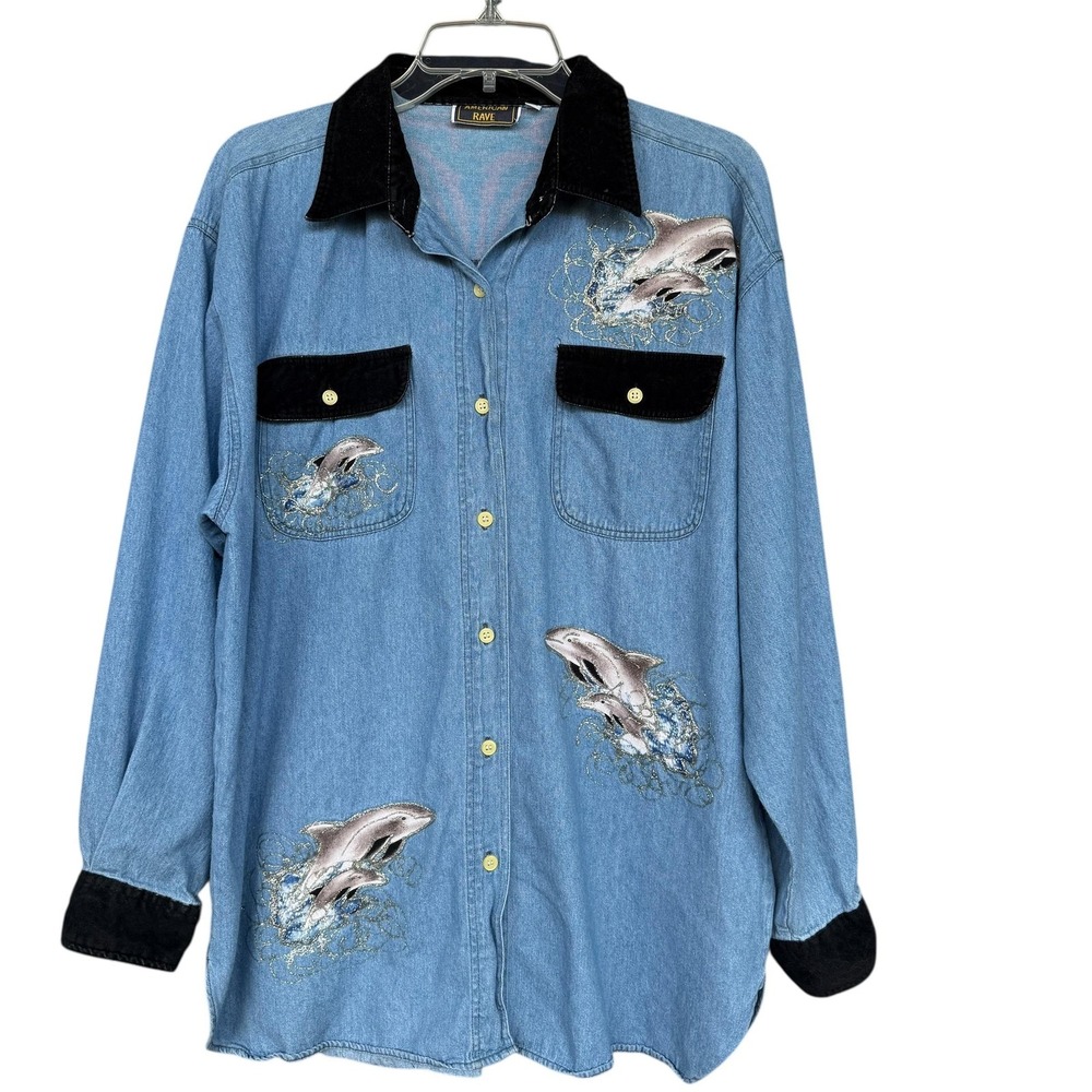 American Rave Shirt Womens XL Blue Dolphin Embroidered Button Velvet Collar